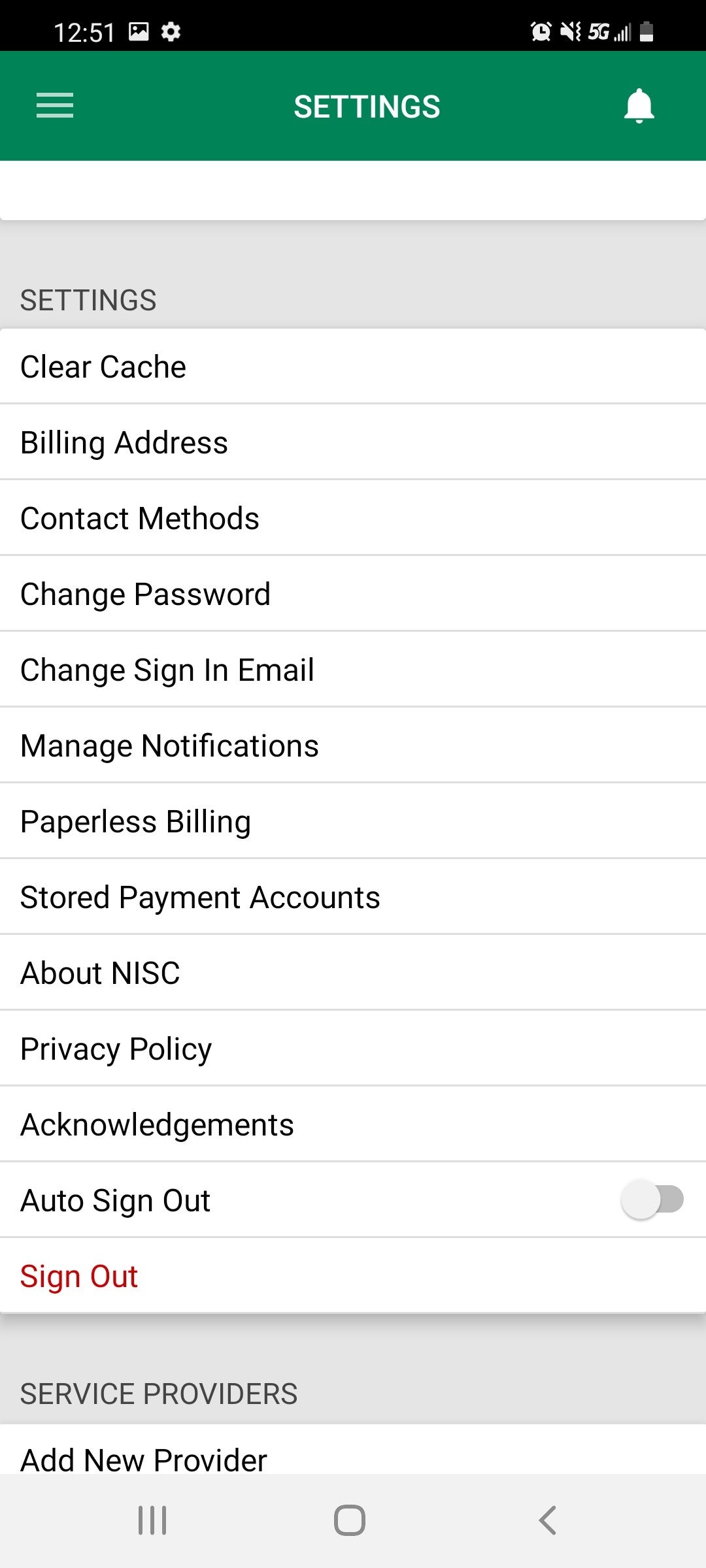 SmartHub app settings list image